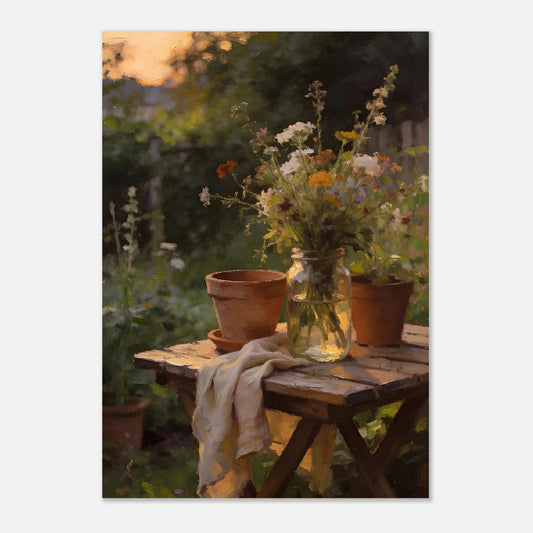 Oljemålad tavla med trädgårdsbord, krukor och blommor i varmt kvällsljus