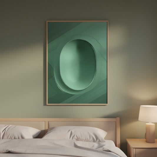 Grön abstrakt tavla med ram – minimalistisk väggkonst i grönt