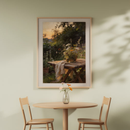 Oljemålad tavla med trädgårdsbord, krukor och blommor i varmt kvällsljus